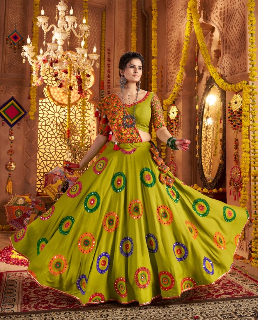 11011 - Elegant Green Viscose Cotton Embroidered Navratri Wear Lehenga Choli